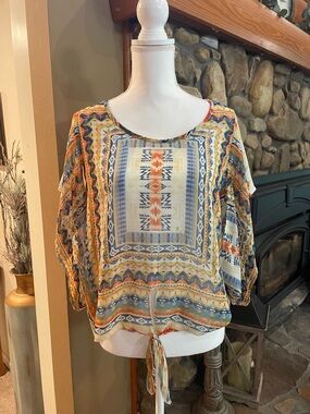 ONE WORLD Boho Tie-Hem Blouse in Blue, Gold and Cream Size Large